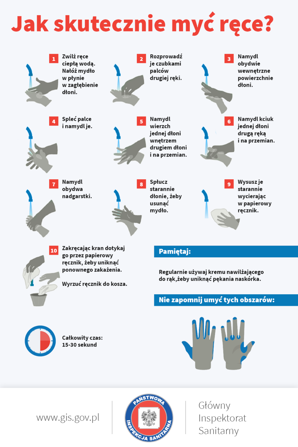 instrukcja mycia rąk: myj ręce ok. 30 sekund; rozpocznij od zmoczenia rąk wodą; nabierz tyle mydła, aby pokryły całą powierzchnię dłoni; dokładnie rozprowadź mydło po powierzchni pocierając o siebie rozprostowane dłonie; pamiętaj o dokładnym umyciu przestrzeni między palcami, grzbietów palców oraz okolic kciuków; na koniec dokładnie opłucz ręce wodą i wytrzyj ręce do sucha jednorazowym ręcznikiem