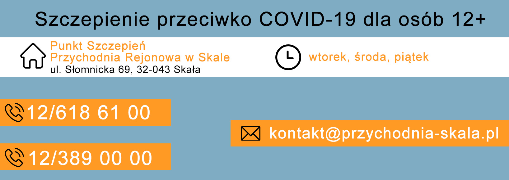 Informacja o szczepieniach przeciwko COVID-19 dla osób 12+ odbywających się w Przychodni Rejonowej we wtorki,środy i piątki. Telefon kontaktowy 12 6186100