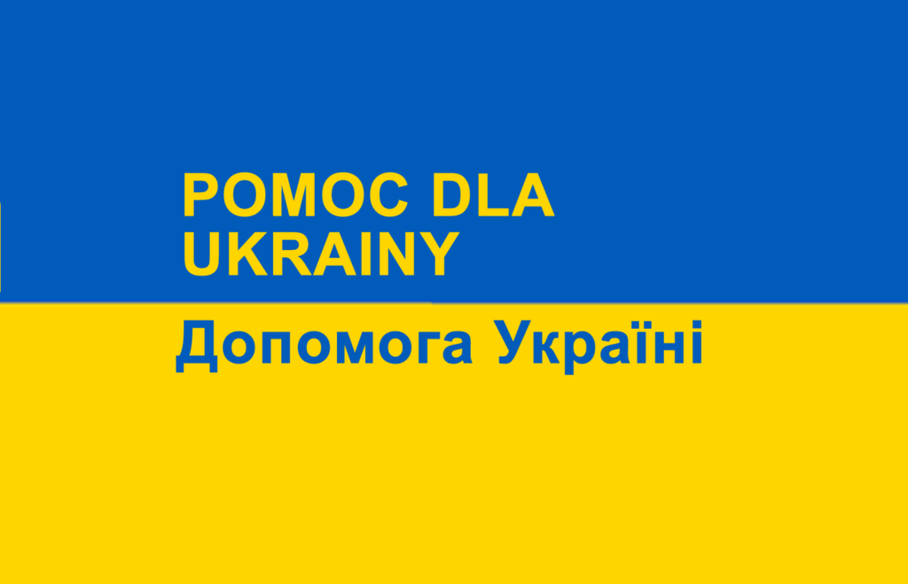 niebiesko żółta flaga Ukrainy z napisem 