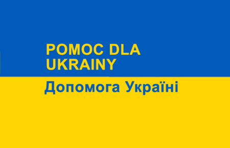 niebiesko żółta flaga Ukrainy z napisem "Pomoc dla Ukrainy"