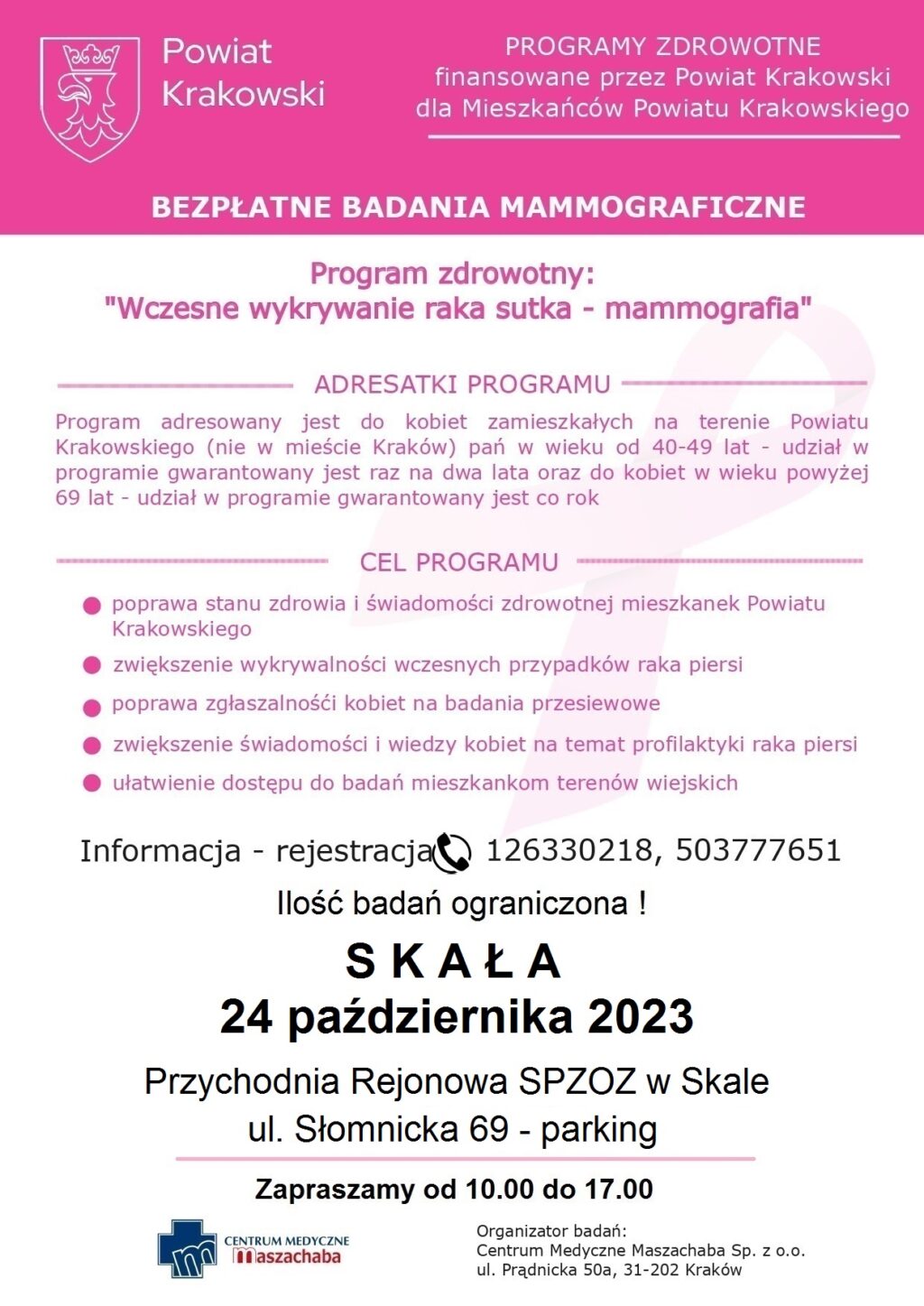plakat informujacy, że 24.10.2023 odbędzie się badanie mammograficzne w Skale, Parking obok Przychodni Rejonowej w Skale, ul. Słomnicka 69 - rejestracja pod numerem 12 633 02 18