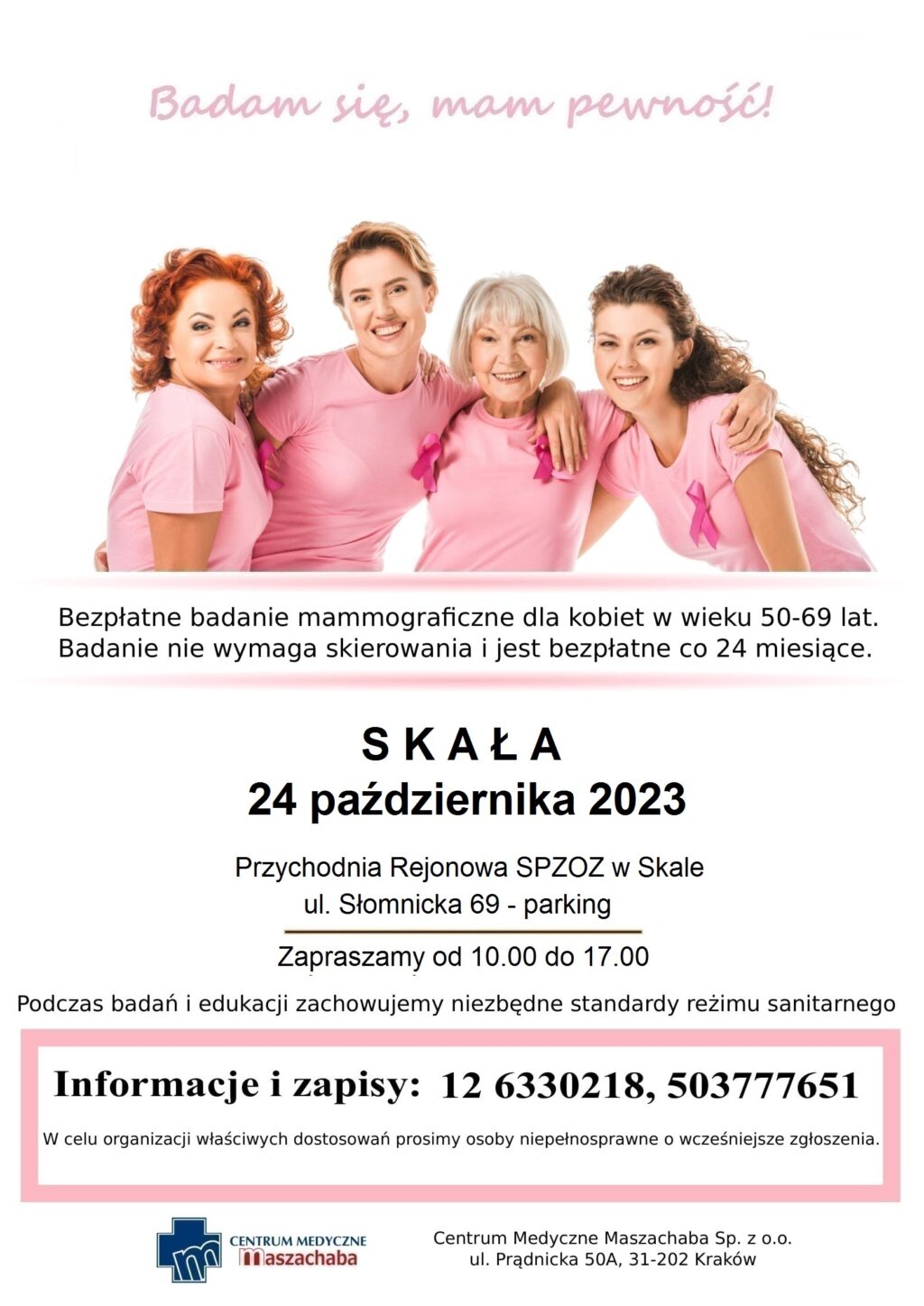 plakat informujacy, że 24.10.2023 odbędzie się badanie mammograficzne w Skale, Parking obok Przychodni Rejonowej w Skale, ul. Słomnicka 69 - rejestracja pod numerem 12 633 02 18