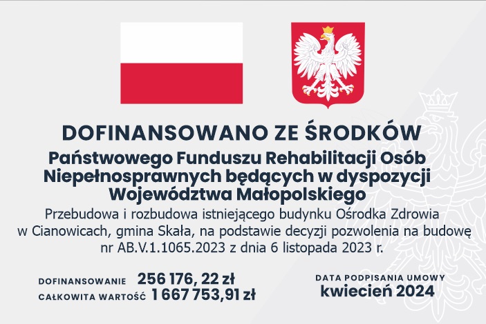 tablica informująca o otrzymanym dofinansowaniu PDFRON na rozbudowę i przebudowę Ośrodka Zdrowia w Cianowicach. Wartość całej inwestycji: 1667752,91, wartość dofinansowania: 256176,22