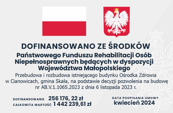 tablica informująca o otrzymanym dofinansowaniu PDFRON na rozbudowę i przebudowę Ośrodka Zdrowia w Cianowicach. Wartość całej inwestycji: 1442239,61, wartość dofinansowania: 256176,22