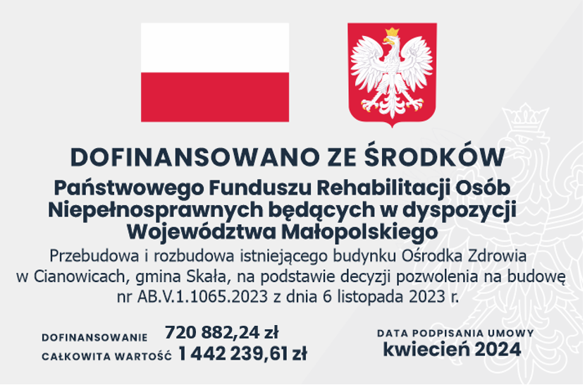 tablica informująca o otrzymanym dofinansowaniu PDFRON na rozbudowę i przebudowę Ośrodka Zdrowia w Cianowicach. Wartość całej inwestycji: 1442239,61, wartość dofinansowania: 720 882,24