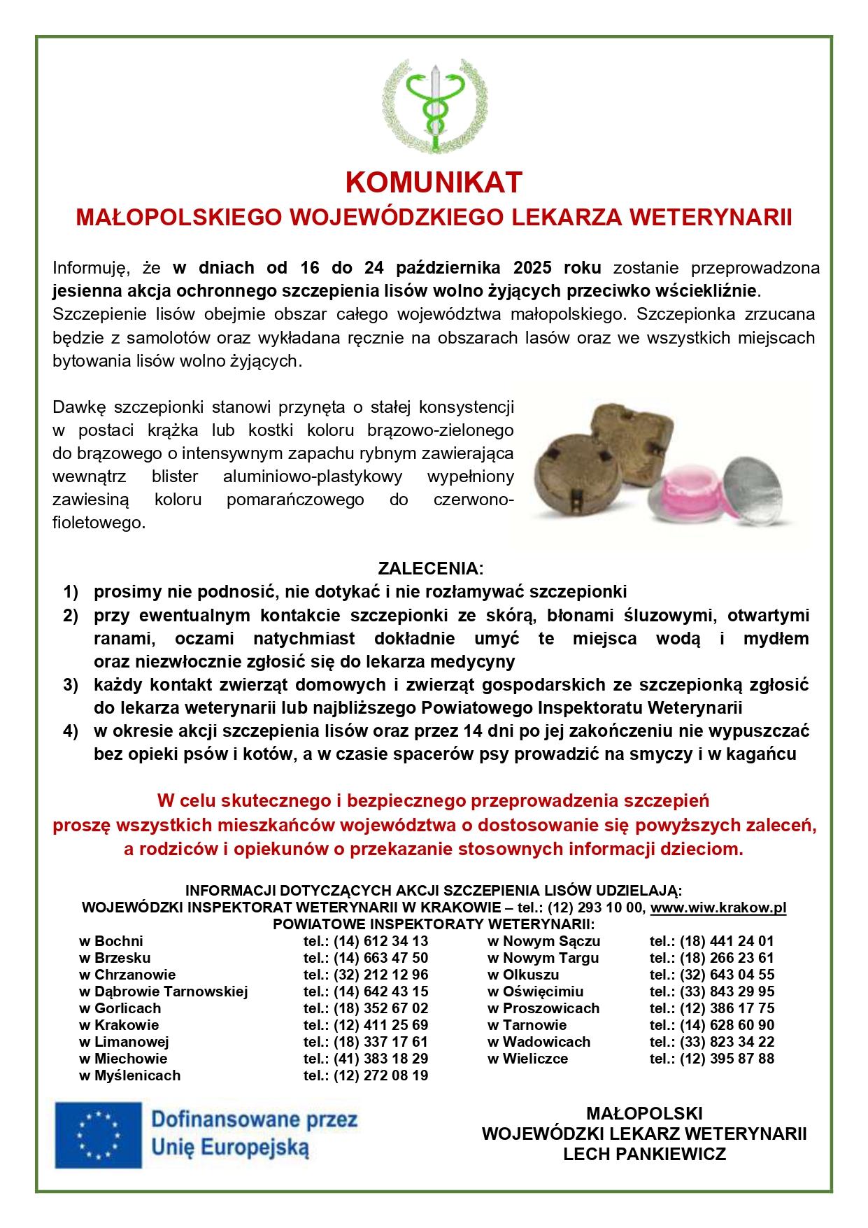 KOMUNIKAT MAŁOPOLSKIEGO WOJEWÓDZKIEGO LEKARZA WETERYNARII