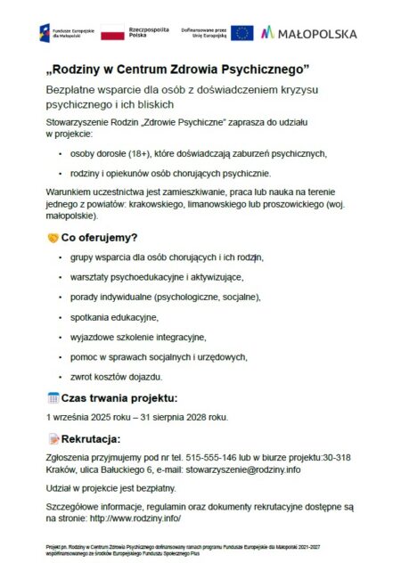 informacja o projekcie „Rodziny w Centrum Zdrowia Psychicznego”