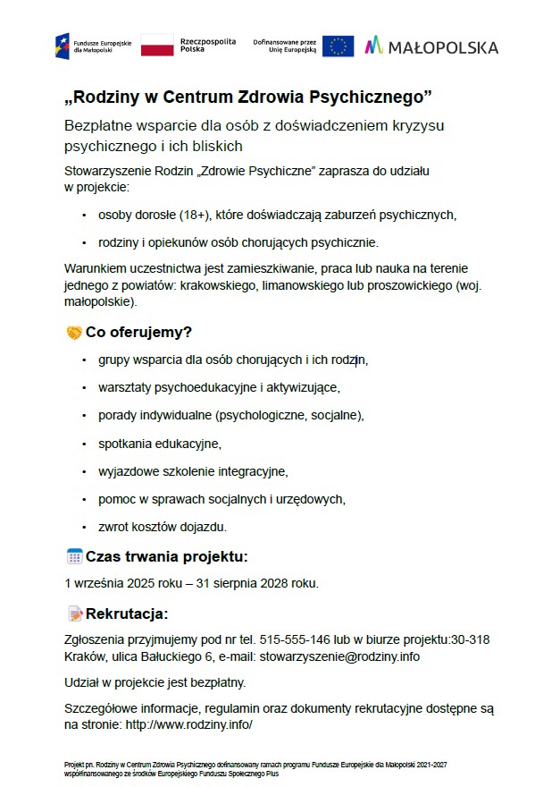 informacja o projekcie „Rodziny w Centrum Zdrowia Psychicznego”